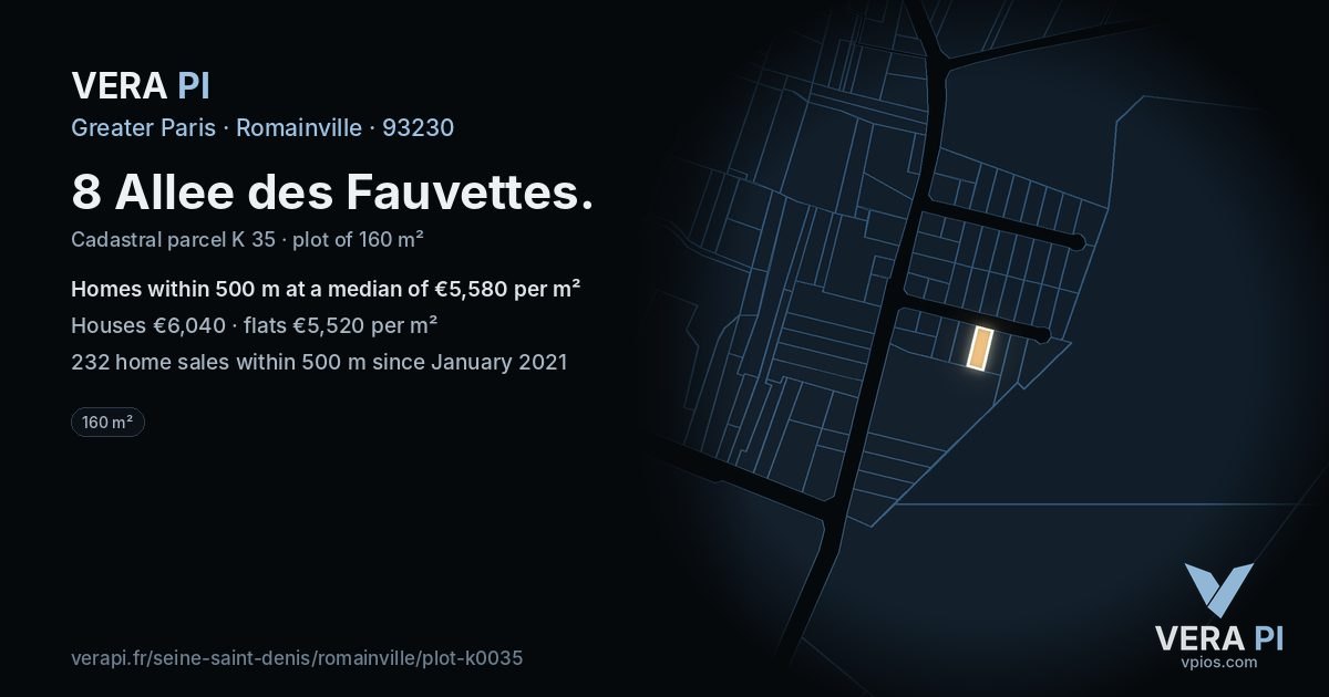 8 Allee des Fauvettes, Romainville at night – the plot lit, the parcels around coloured by the prices near them
