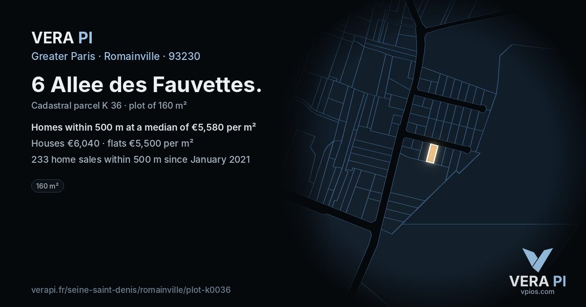 6 Allee des Fauvettes, Romainville at night – the plot lit, the parcels around coloured by the prices near them