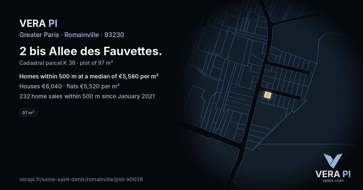 2 bis Allee des Fauvettes, Romainville at night – the plot lit, the parcels around coloured by the prices near them