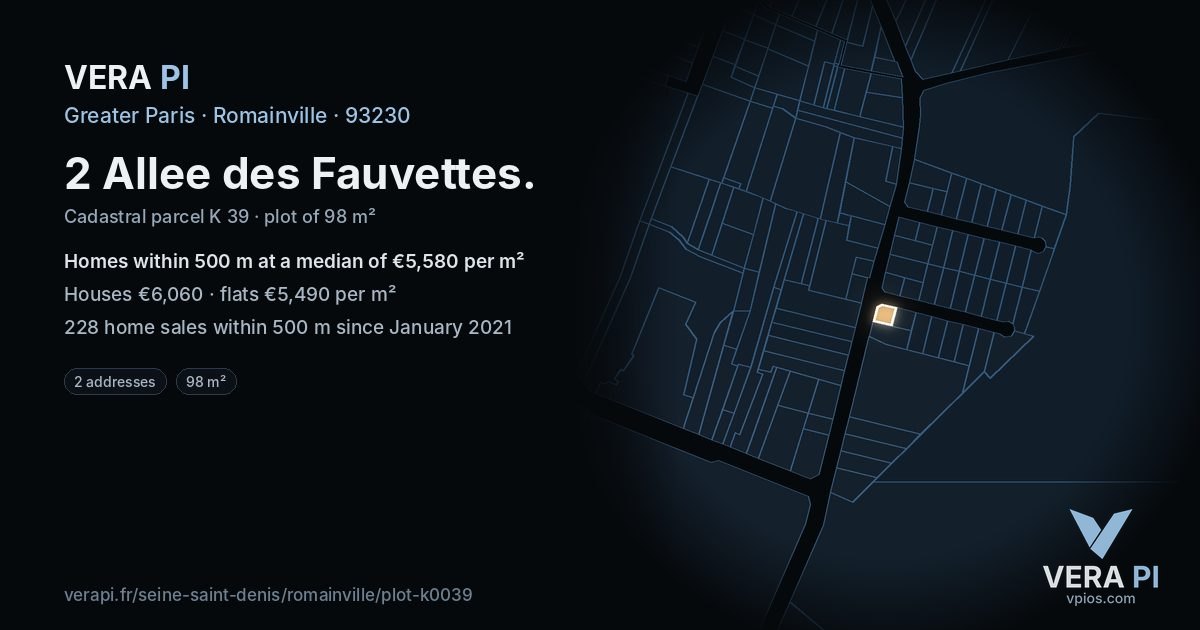 2 Allee des Fauvettes, Romainville at night – the plot lit, the parcels around coloured by the prices near them