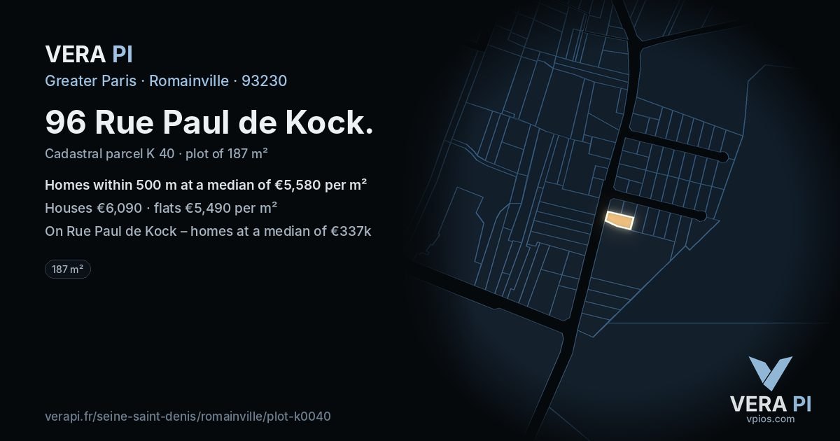 96 Rue Paul de Kock, Romainville at night – the plot lit, the parcels around coloured by the prices near them