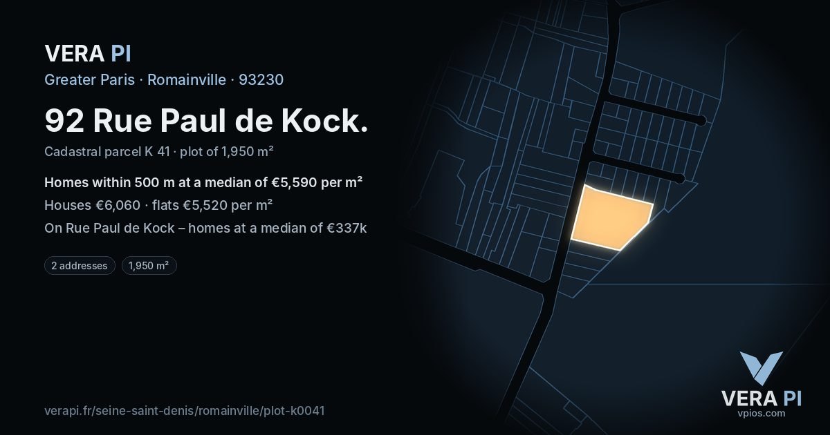 92 Rue Paul de Kock, Romainville at night – the plot lit, the parcels around coloured by the prices near them