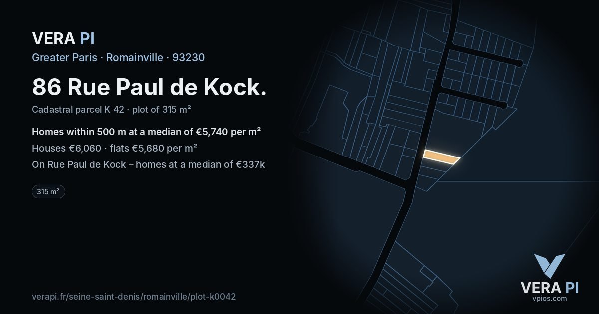 86 Rue Paul de Kock, Romainville at night – the plot lit, the parcels around coloured by the prices near them