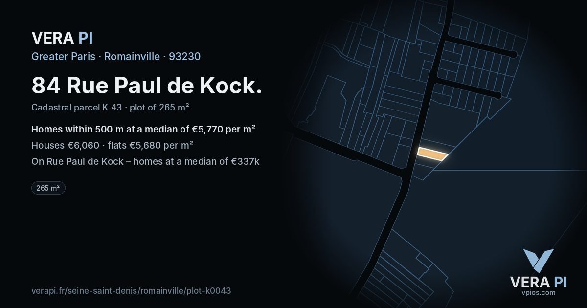 84 Rue Paul de Kock, Romainville at night – the plot lit, the parcels around coloured by the prices near them