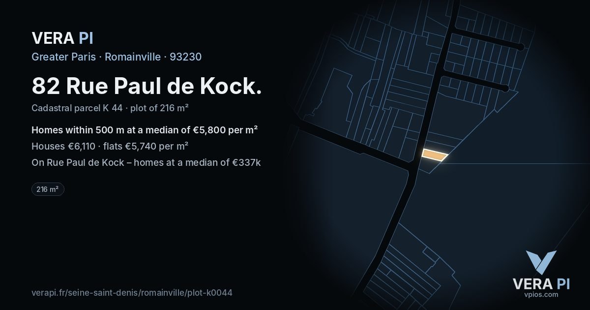 82 Rue Paul de Kock, Romainville at night – the plot lit, the parcels around coloured by the prices near them