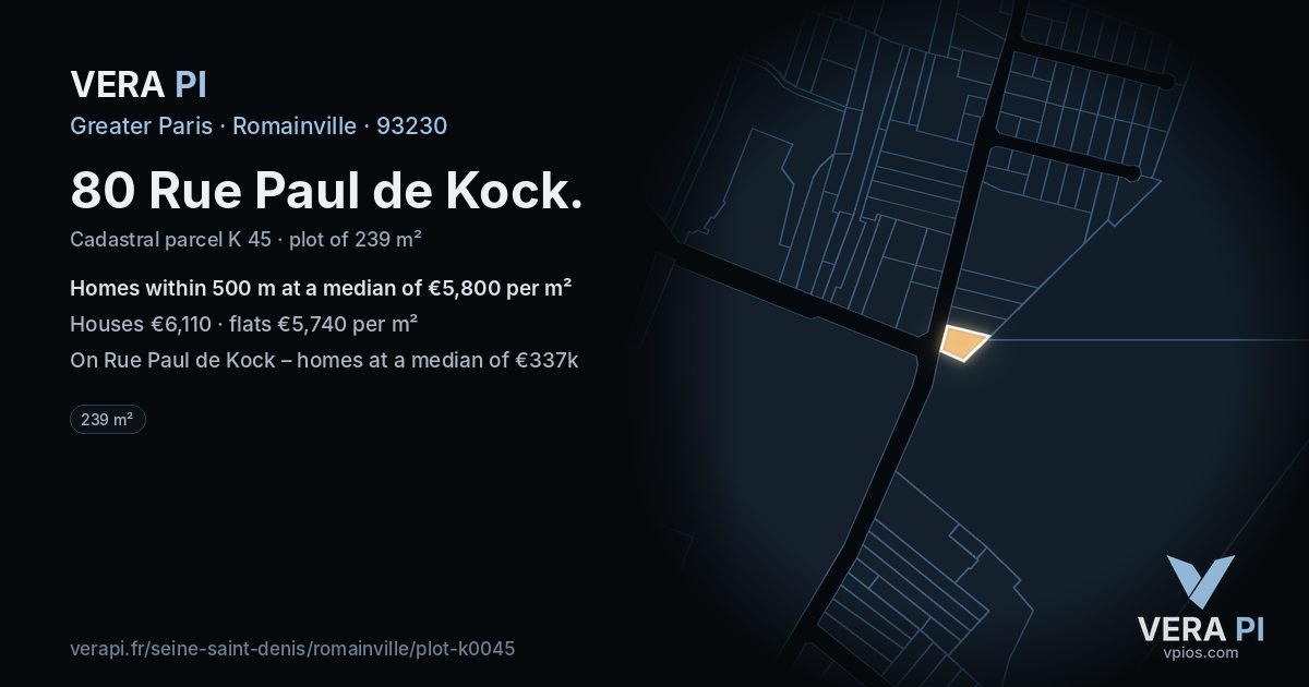80 Rue Paul de Kock, Romainville at night – the plot lit, the parcels around coloured by the prices near them