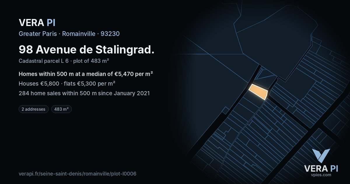 98 Avenue de Stalingrad, Romainville at night – the plot lit, the parcels around coloured by the prices near them