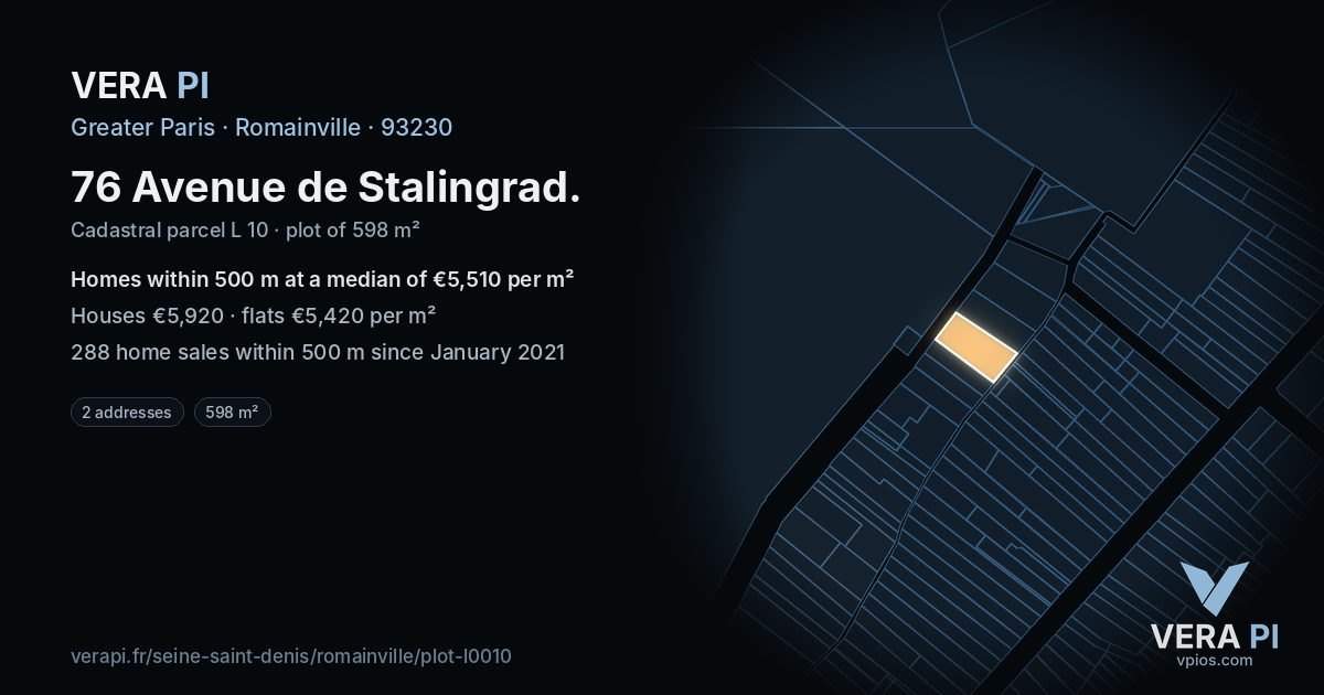 76 Avenue de Stalingrad, Romainville at night – the plot lit, the parcels around coloured by the prices near them