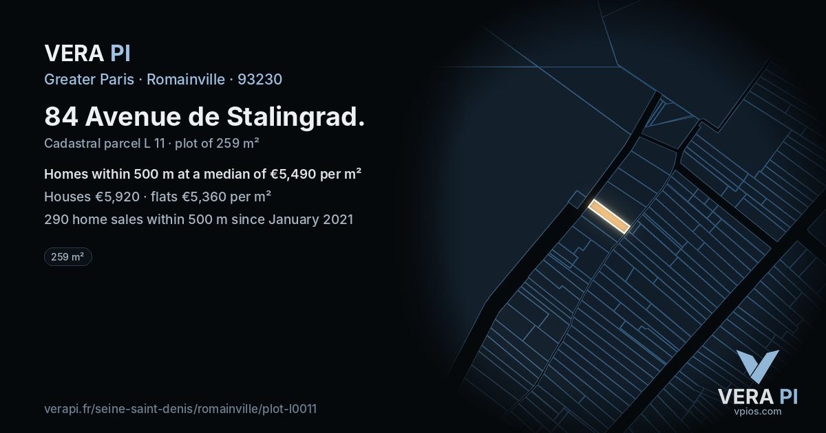 84 Avenue de Stalingrad, Romainville at night – the plot lit, the parcels around coloured by the prices near them