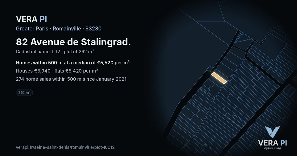 82 Avenue de Stalingrad, Romainville at night – the plot lit, the parcels around coloured by the prices near them