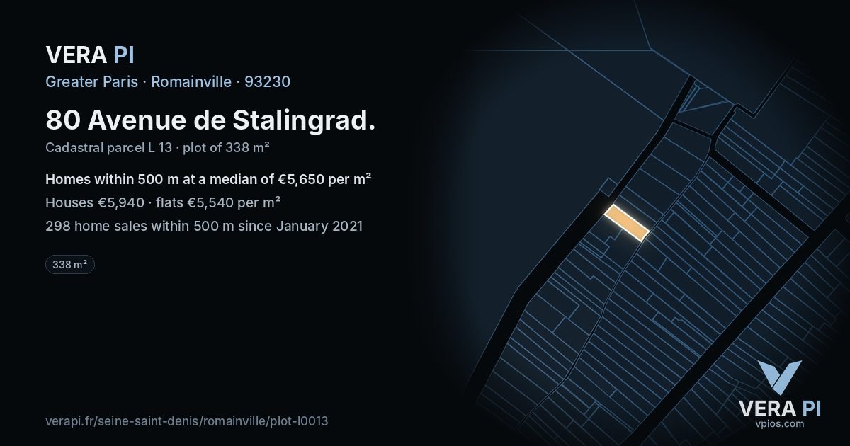 80 Avenue de Stalingrad, Romainville at night – the plot lit, the parcels around coloured by the prices near them