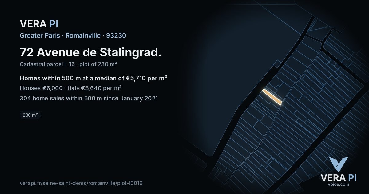 72 Avenue de Stalingrad, Romainville at night – the plot lit, the parcels around coloured by the prices near them