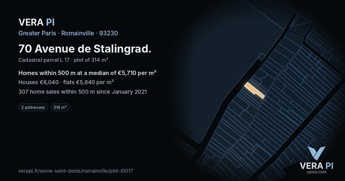 70 Avenue de Stalingrad, Romainville at night – the plot lit, the parcels around coloured by the prices near them