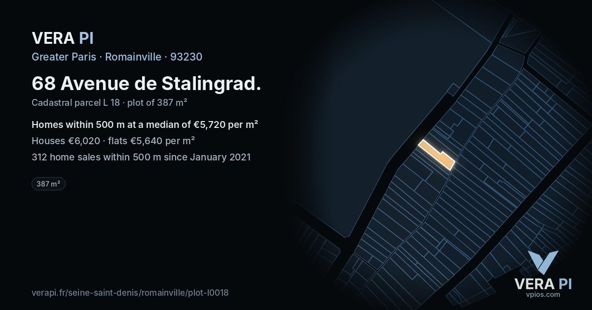 68 Avenue de Stalingrad, Romainville at night – the plot lit, the parcels around coloured by the prices near them