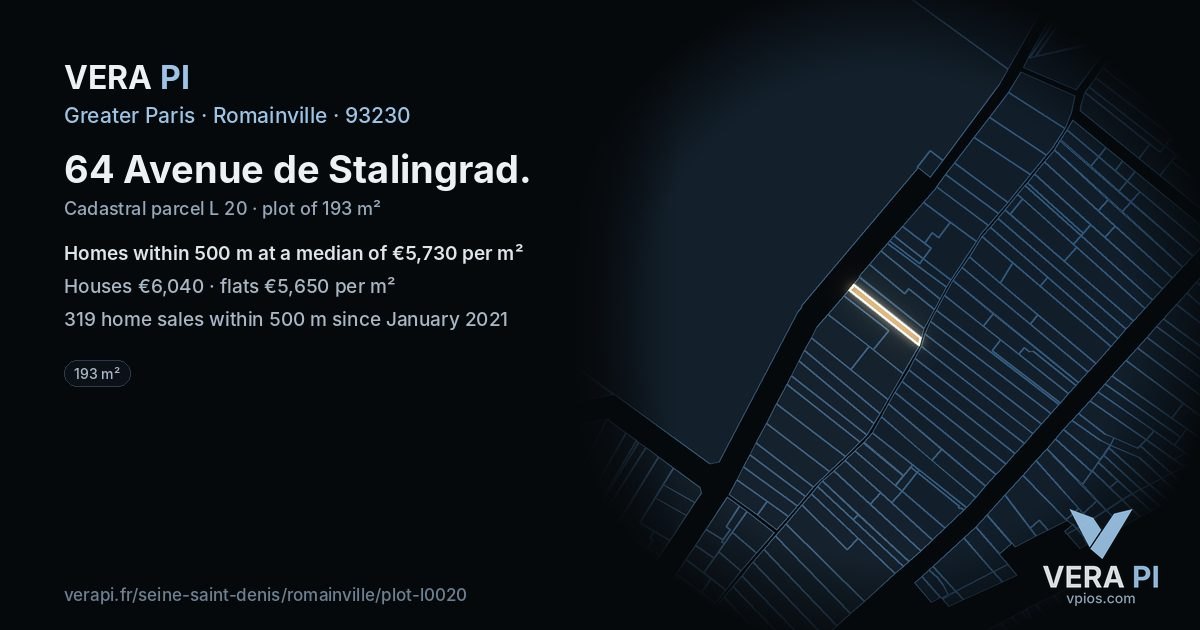 64 Avenue de Stalingrad, Romainville at night – the plot lit, the parcels around coloured by the prices near them