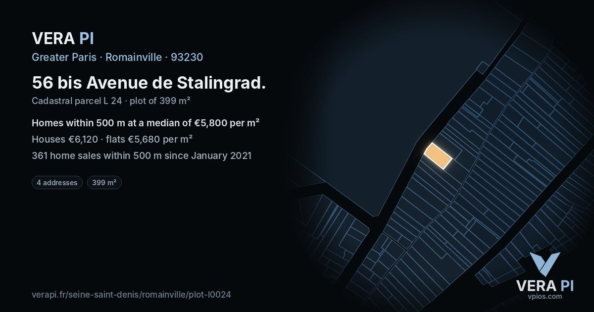 56 bis Avenue de Stalingrad, Romainville at night – the plot lit, the parcels around coloured by the prices near them