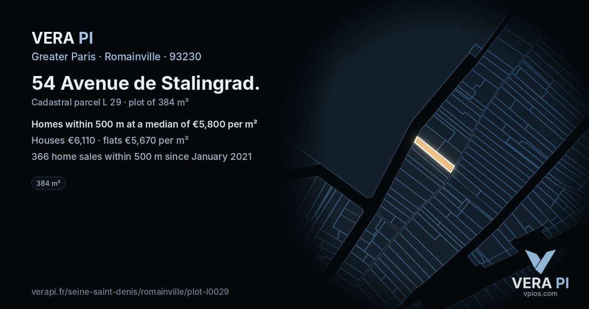 54 Avenue de Stalingrad, Romainville at night – the plot lit, the parcels around coloured by the prices near them