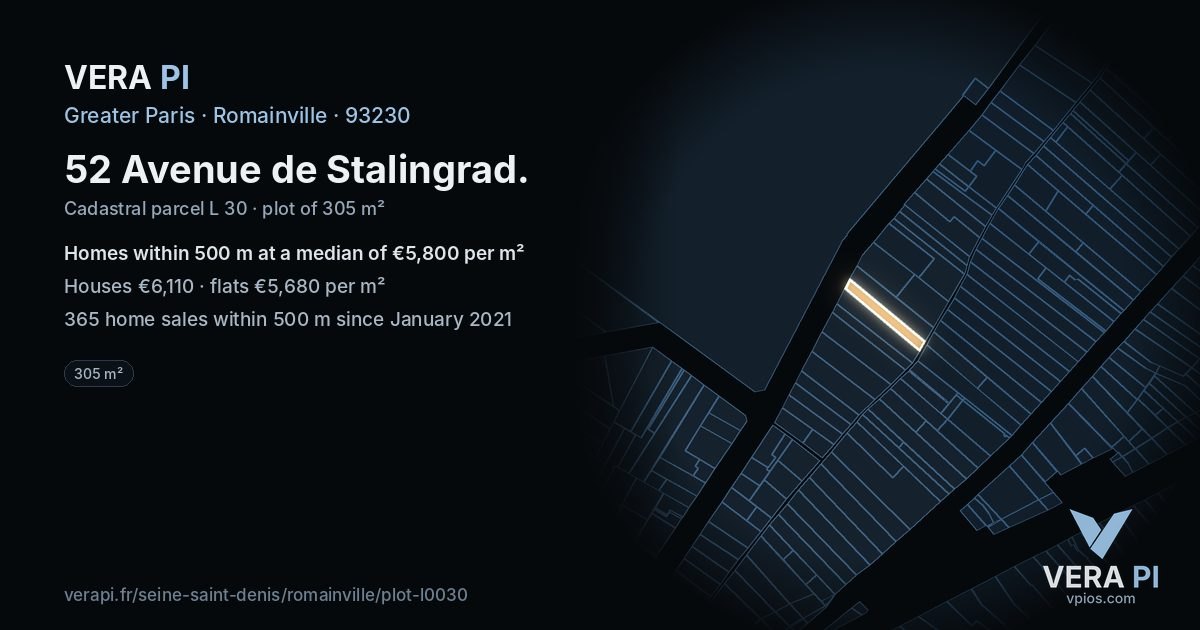 52 Avenue de Stalingrad, Romainville at night – the plot lit, the parcels around coloured by the prices near them
