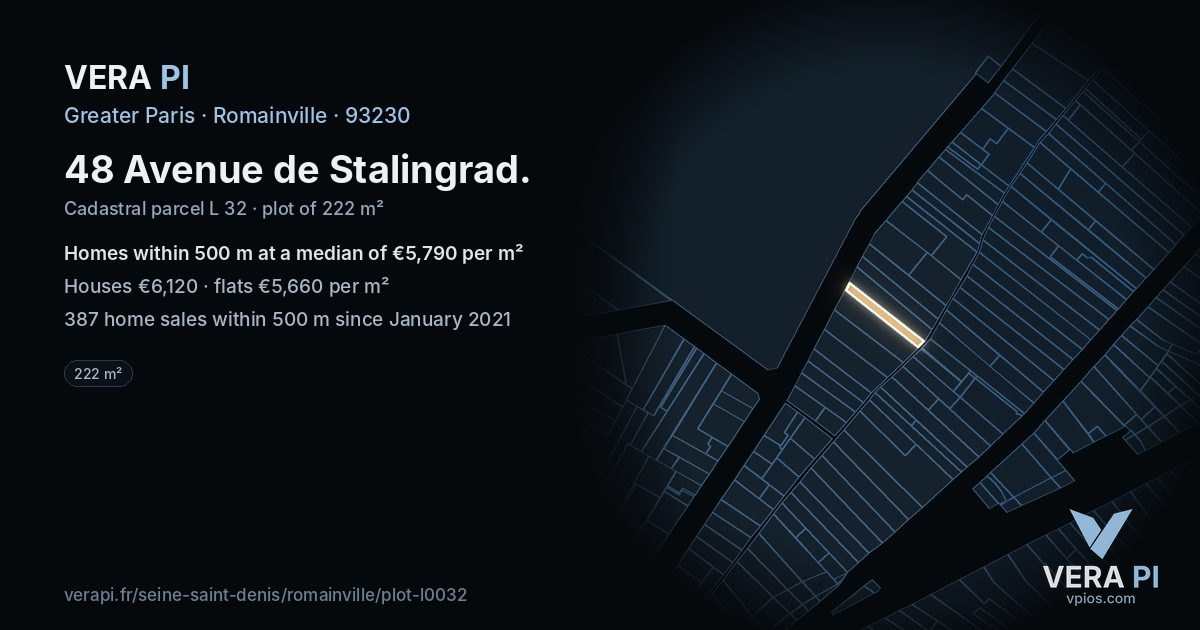 48 Avenue de Stalingrad, Romainville at night – the plot lit, the parcels around coloured by the prices near them