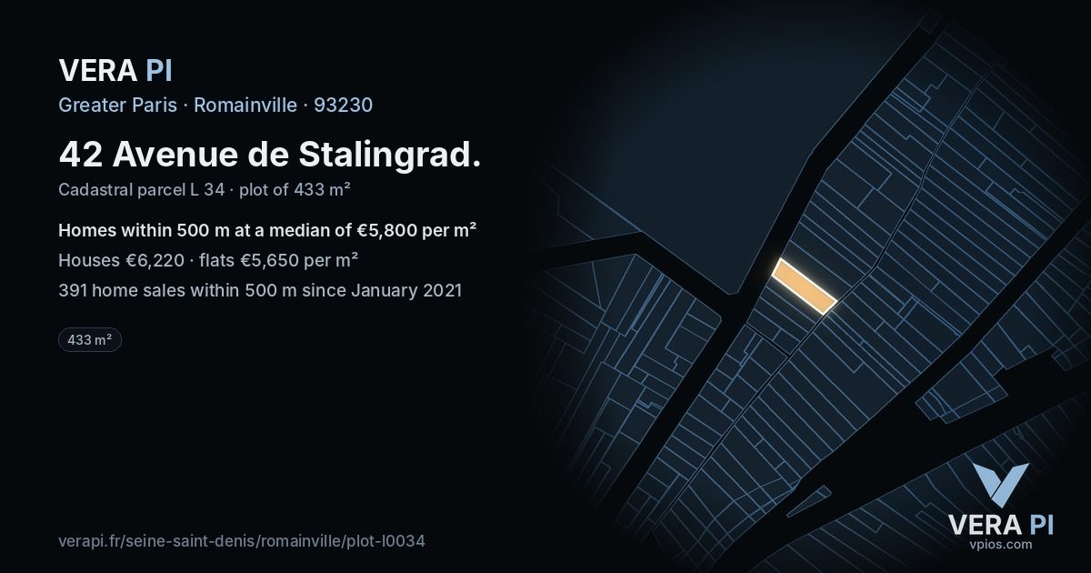 42 Avenue de Stalingrad, Romainville at night – the plot lit, the parcels around coloured by the prices near them