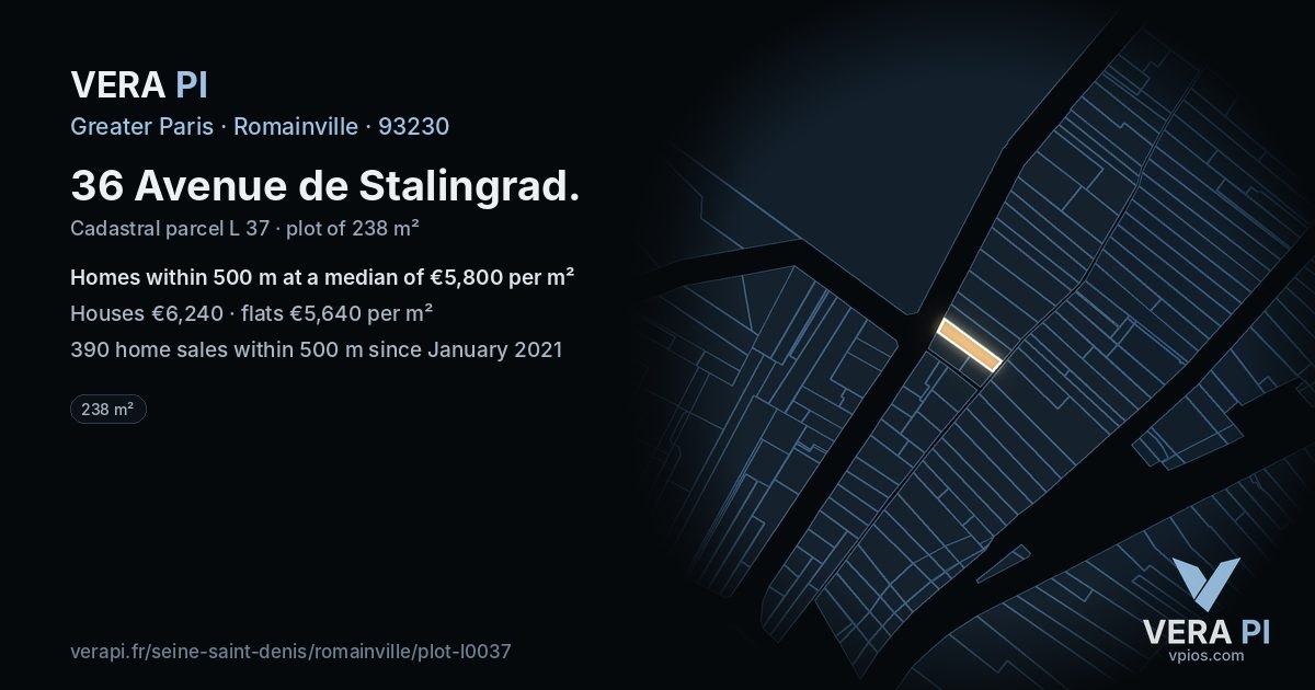 36 Avenue de Stalingrad, Romainville at night – the plot lit, the parcels around coloured by the prices near them