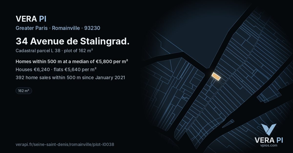 34 Avenue de Stalingrad, Romainville at night – the plot lit, the parcels around coloured by the prices near them
