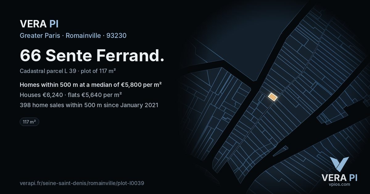 66 Sente Ferrand, Romainville at night – the plot lit, the parcels around coloured by the prices near them