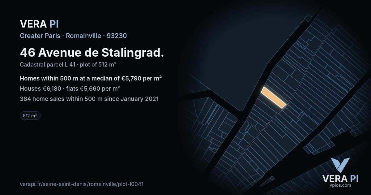 46 Avenue de Stalingrad, Romainville at night – the plot lit, the parcels around coloured by the prices near them