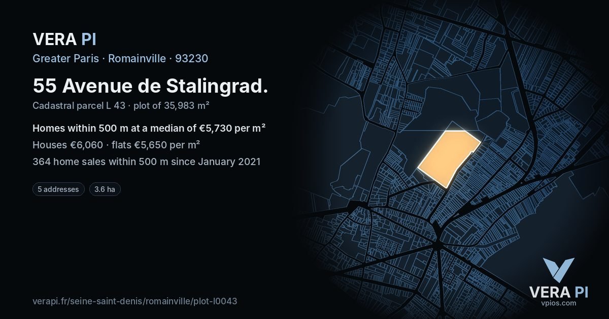55 Avenue de Stalingrad, Romainville at night – the plot lit, the parcels around coloured by the prices near them