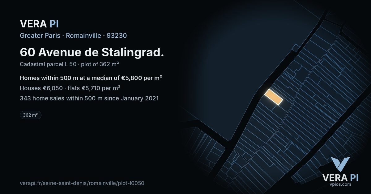 60 Avenue de Stalingrad, Romainville at night – the plot lit, the parcels around coloured by the prices near them