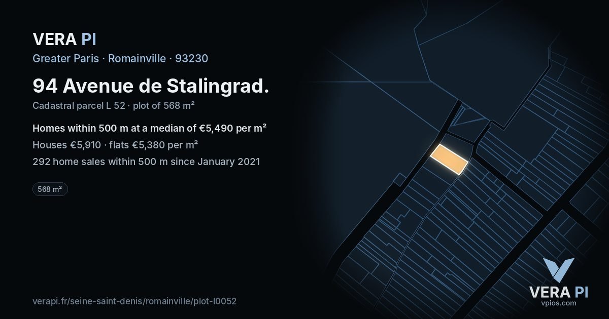 94 Avenue de Stalingrad, Romainville at night – the plot lit, the parcels around coloured by the prices near them