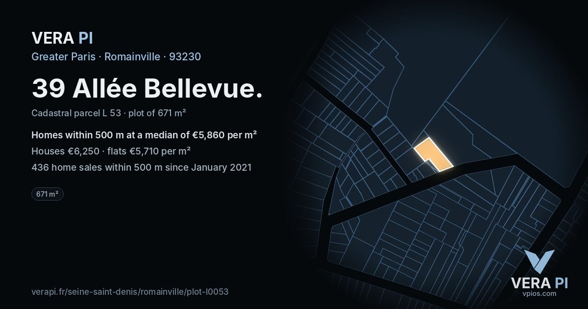 39 Allée Bellevue, Romainville at night – the plot lit, the parcels around coloured by the prices near them