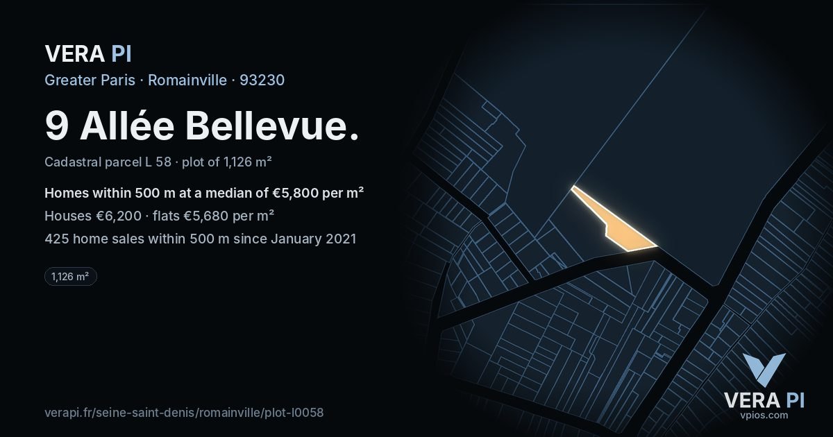 9 Allée Bellevue, Romainville at night – the plot lit, the parcels around coloured by the prices near them