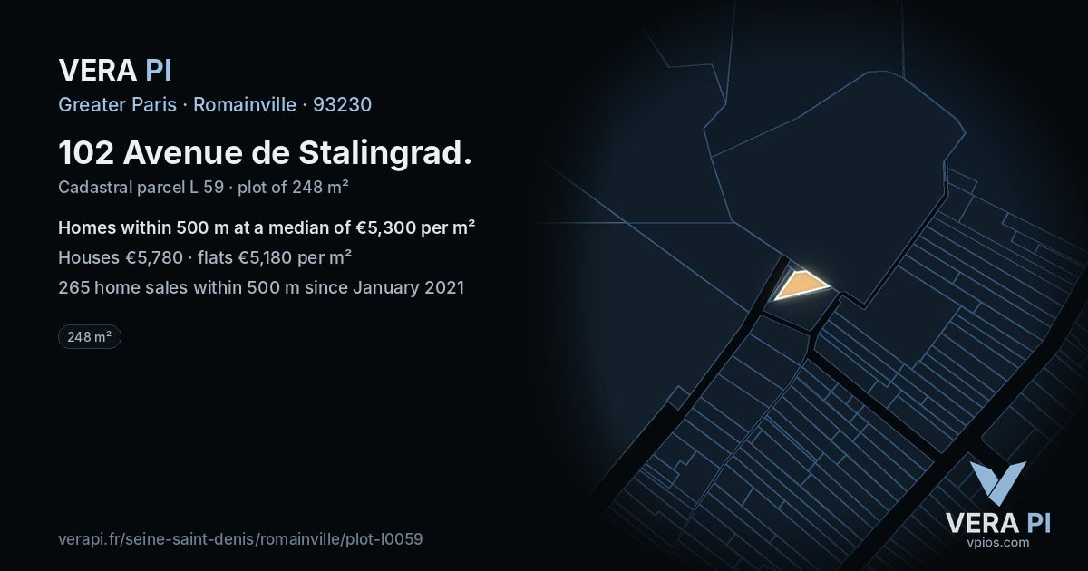 102 Avenue de Stalingrad, Romainville at night – the plot lit, the parcels around coloured by the prices near them