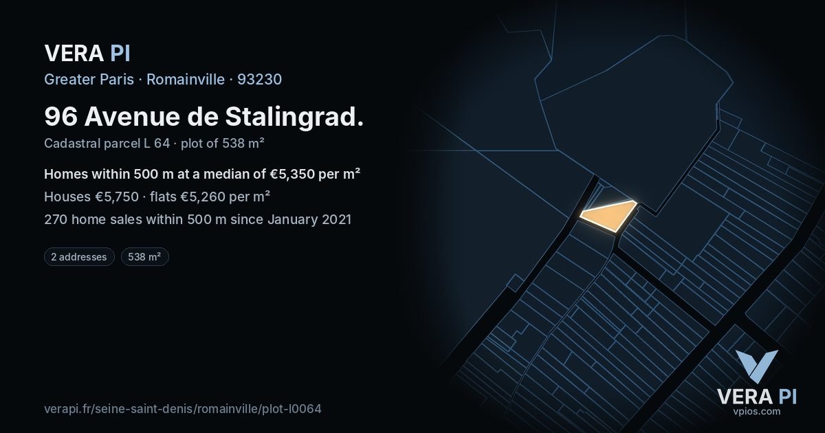 96 Avenue de Stalingrad, Romainville at night – the plot lit, the parcels around coloured by the prices near them