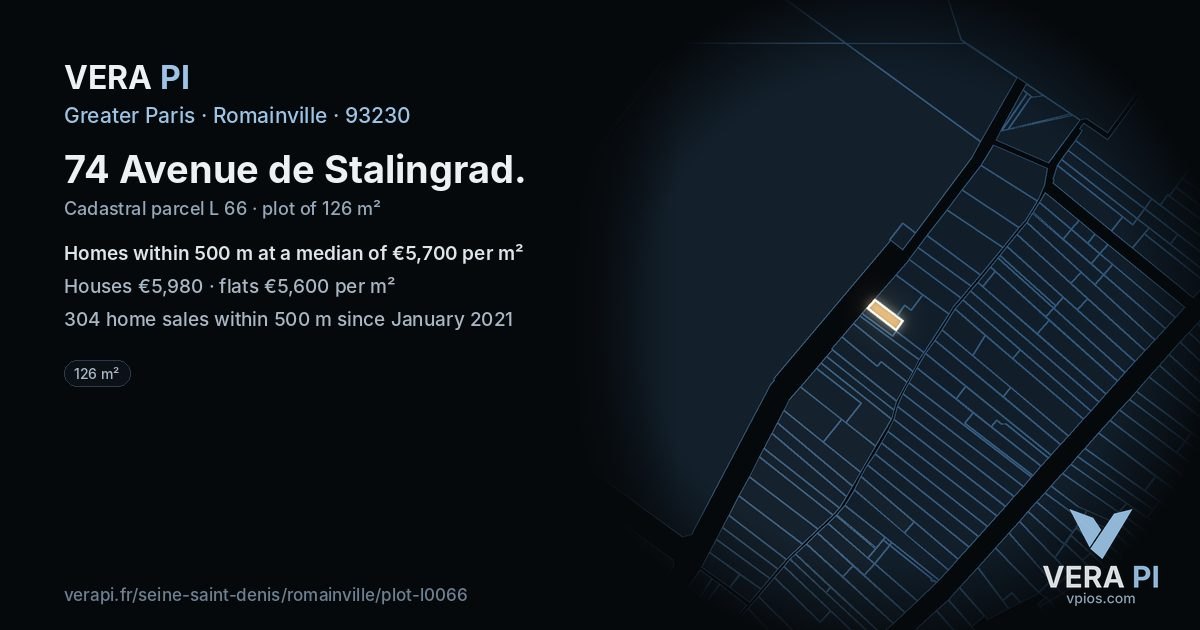 74 Avenue de Stalingrad, Romainville at night – the plot lit, the parcels around coloured by the prices near them