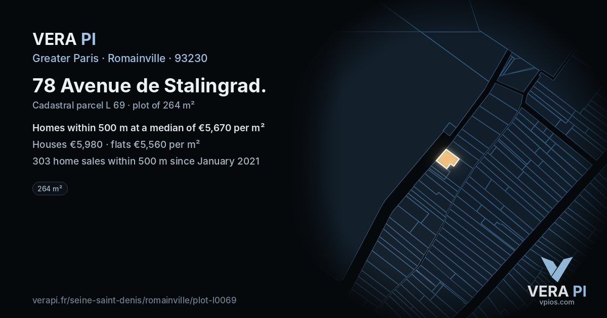78 Avenue de Stalingrad, Romainville at night – the plot lit, the parcels around coloured by the prices near them