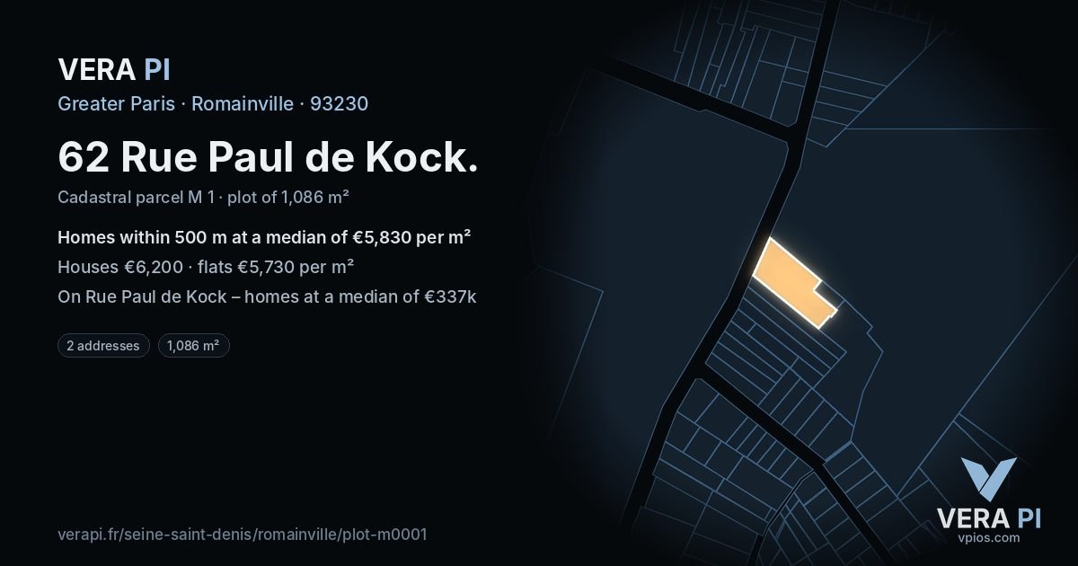 62 Rue Paul de Kock, Romainville at night – the plot lit, the parcels around coloured by the prices near them