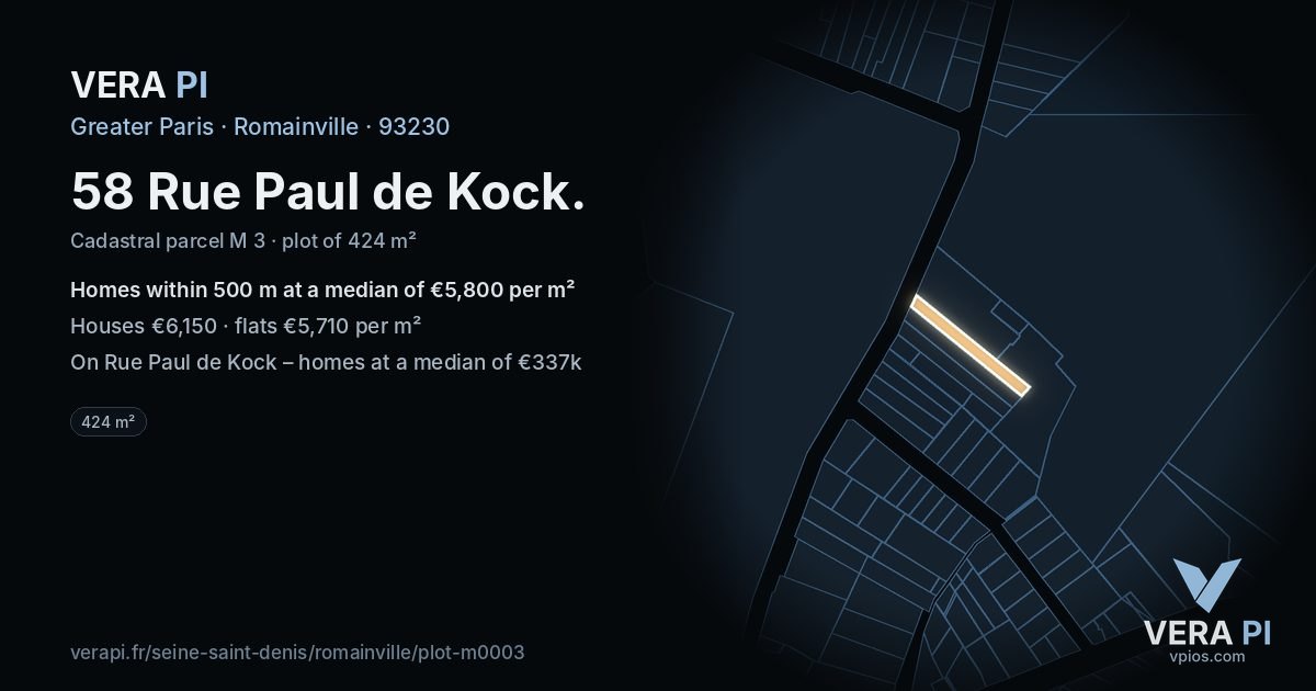 58 Rue Paul de Kock, Romainville at night – the plot lit, the parcels around coloured by the prices near them