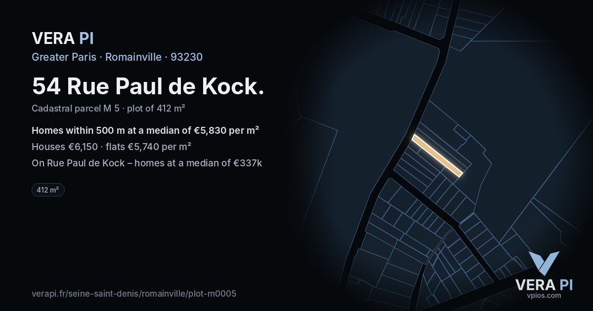 54 Rue Paul de Kock, Romainville at night – the plot lit, the parcels around coloured by the prices near them