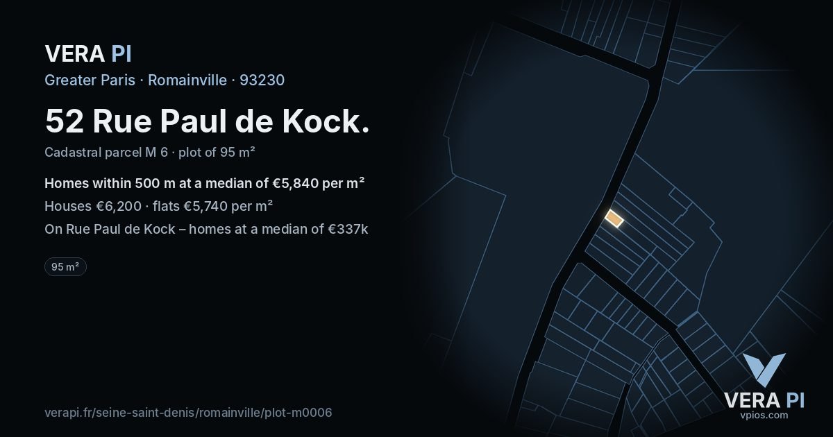52 Rue Paul de Kock, Romainville at night – the plot lit, the parcels around coloured by the prices near them