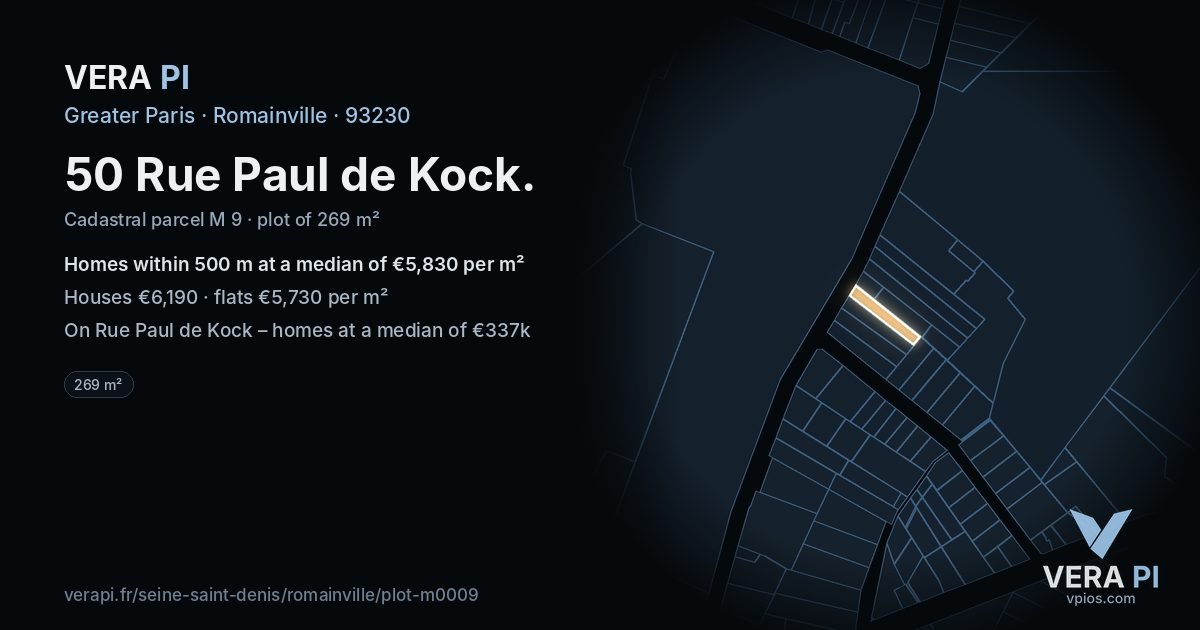 50 Rue Paul de Kock, Romainville at night – the plot lit, the parcels around coloured by the prices near them