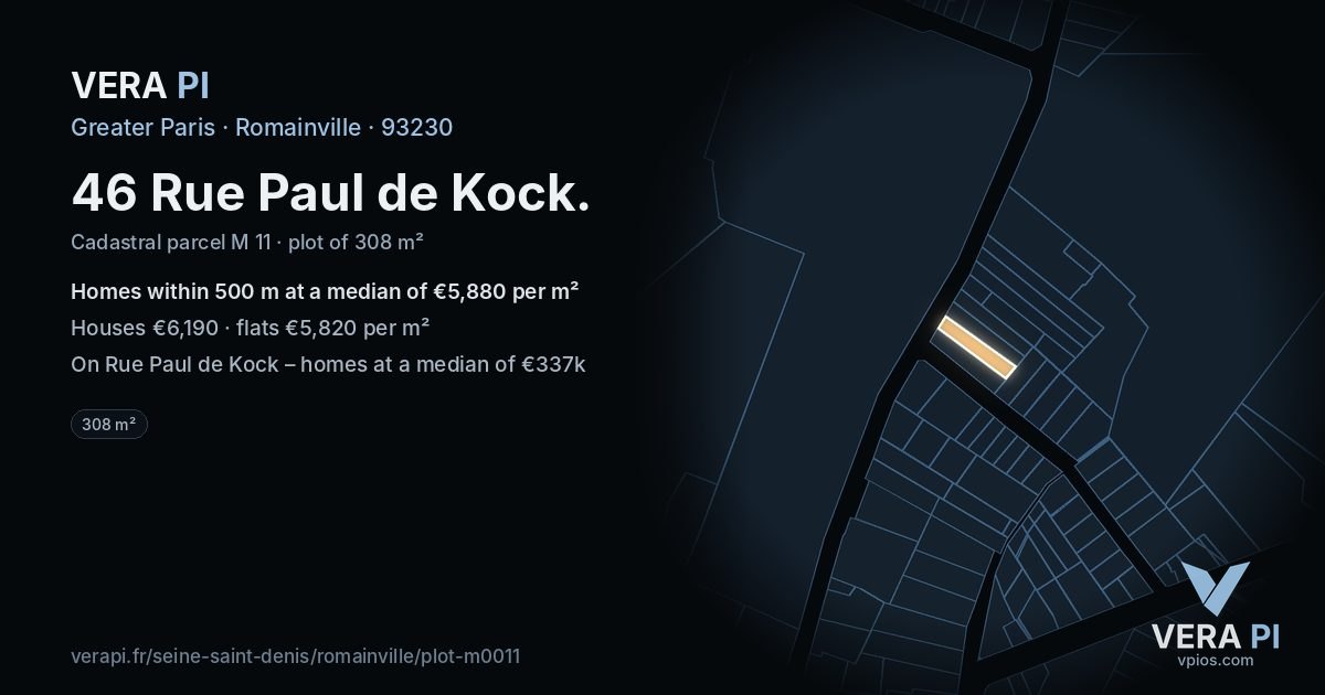 46 Rue Paul de Kock, Romainville at night – the plot lit, the parcels around coloured by the prices near them