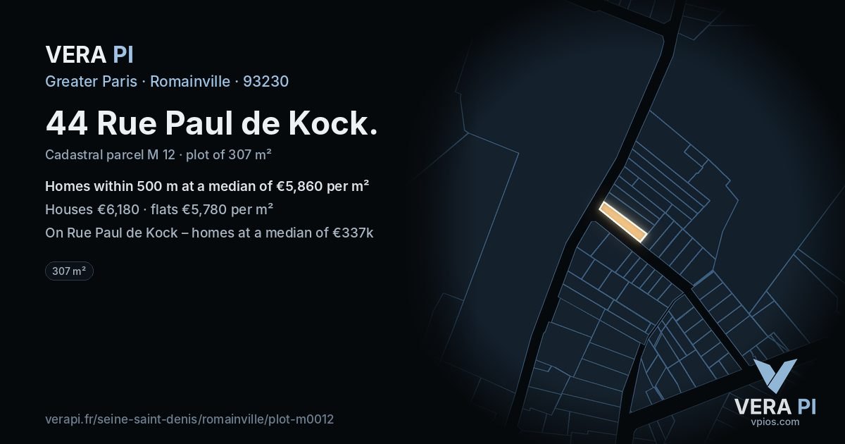44 Rue Paul de Kock, Romainville at night – the plot lit, the parcels around coloured by the prices near them