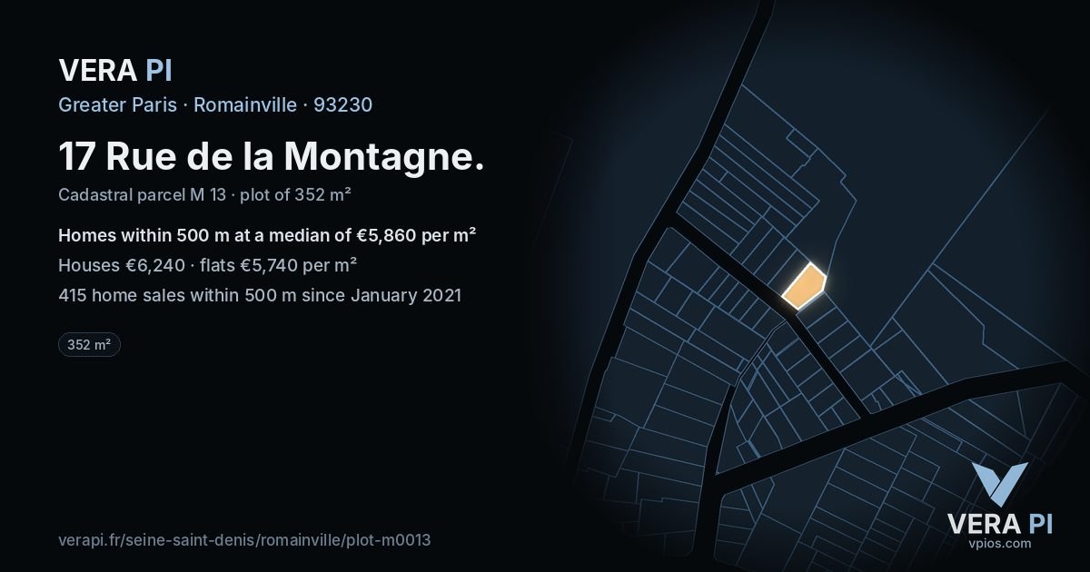 17 Rue de la Montagne, Romainville at night – the plot lit, the parcels around coloured by the prices near them