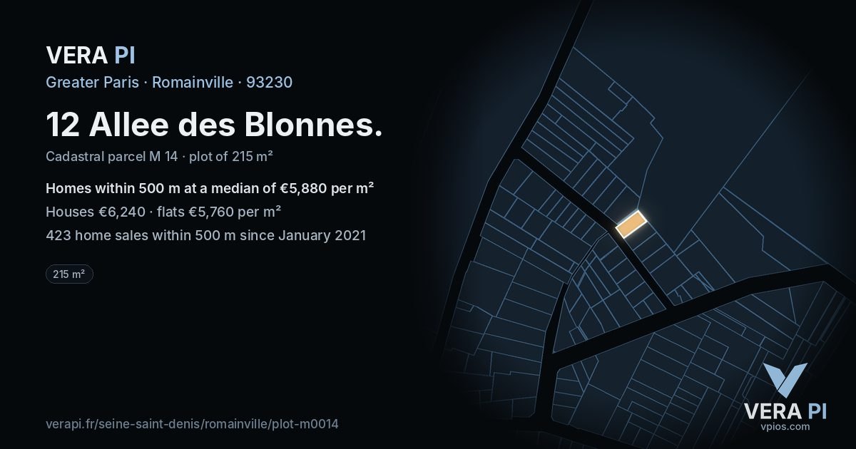 12 Allee des Blonnes, Romainville at night – the plot lit, the parcels around coloured by the prices near them
