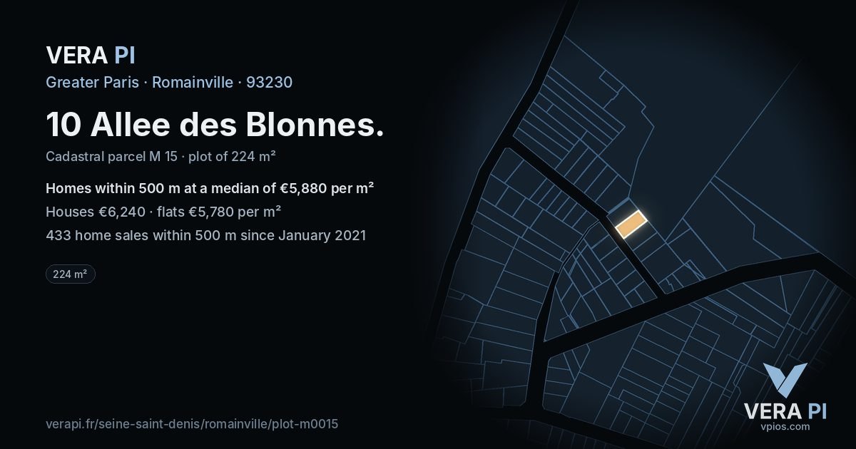 10 Allee des Blonnes, Romainville at night – the plot lit, the parcels around coloured by the prices near them