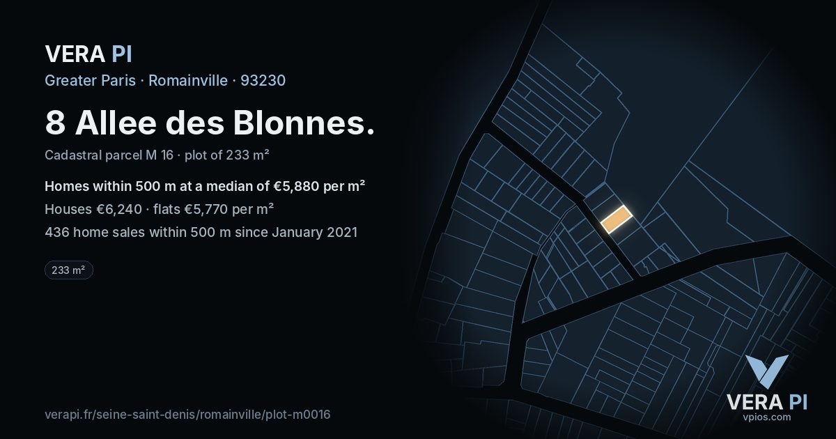 8 Allee des Blonnes, Romainville at night – the plot lit, the parcels around coloured by the prices near them