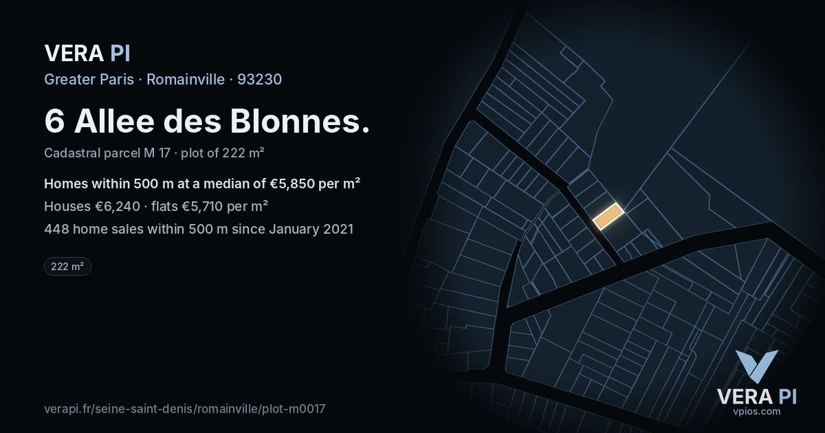 6 Allee des Blonnes, Romainville at night – the plot lit, the parcels around coloured by the prices near them