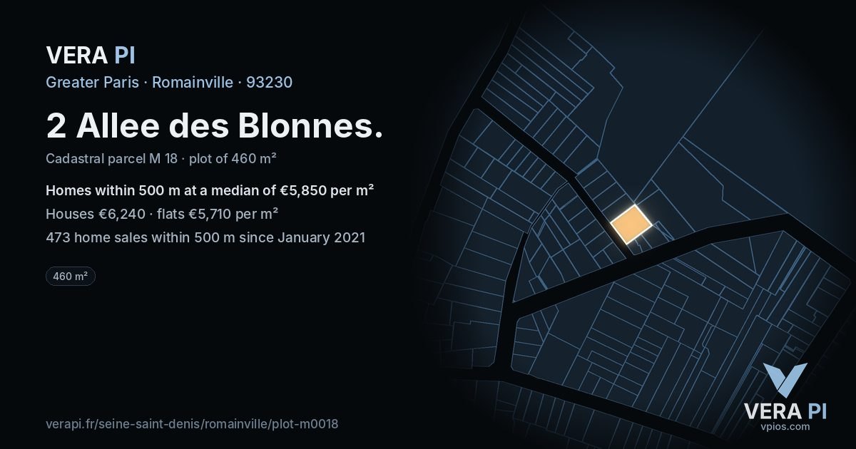 2 Allee des Blonnes, Romainville at night – the plot lit, the parcels around coloured by the prices near them